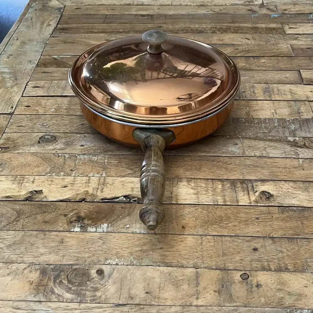 Vintage Copper Saute Pan Skillet with Lid Wood Handle